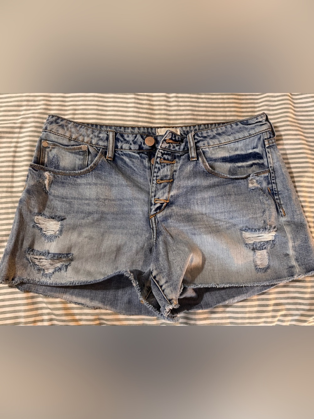 Woman’s Gilded Intent Light Blue Distressed Button Fly Denim Shorts